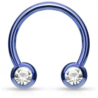 Piercing fer � cheval en acier bleu serti deux strass blancs