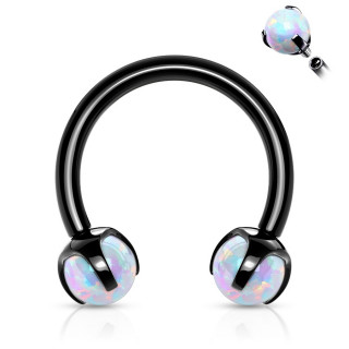 Piercing fer � cheval en acier noir � perles d'opale (filetage interne)