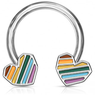 Piercing fer � cheval Argent� � coeurs stri�s multicolores (septum, daith...)
