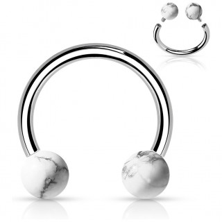 Piercing fer � cheval en acier � perles d'Howlite blanche (filetage interne)