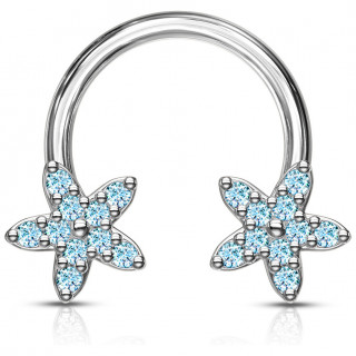 Piercing fer � cheval � fleurs serties de strass bleus aqua (septum, daith...)