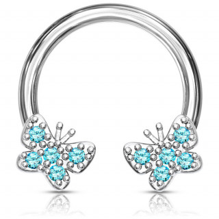 Piercing fer � cheval � papillons pav�s de strass bleus aqua (septum, daith...)