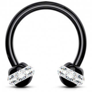Piercing fer � cheval PVD noir � boules cercl�es de cristaux - Clair