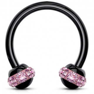 Piercing fer � cheval PVD noir � boules cercl�es de cristaux - Rose