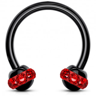 Piercing fer � cheval PVD noir � boules cercl�es de cristaux - Rouge