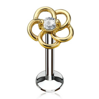 Piercing fleur en boucles dor�es � strass clair (l�vre, cartilage)