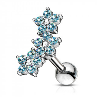 Piercing h�lix � trio de fleurs de cristaux - Bleu aqua