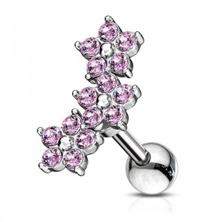 Piercing h�lix � trio de fleurs de cristaux - Rose
