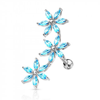 Piercing h�lix arqu� � fleurs strass - Bleu aqua