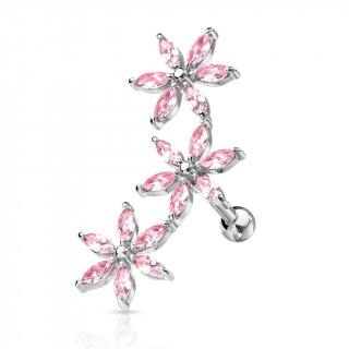 Piercing h�lix arqu� � fleurs strass - Rose