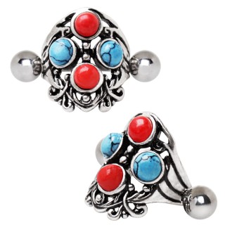 Piercing helix bouclier � perles rouges et turquoises