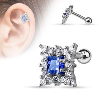 Piercing h�lix / cartilage � losange de strass clairs et bleu roi
