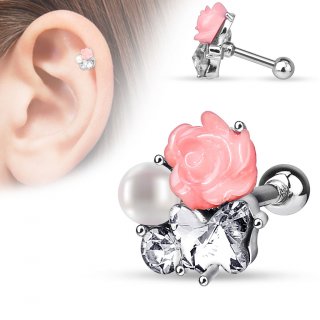 Piercing h�lix / cartilage � rose fimo, perle et papillon en strass