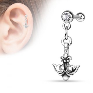 Piercing h�lix / cartilage avec pendentif ancre de marine style fleur de Lys