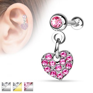 Piercing h�lix / cartilage avec pendentif coeur pav� de strass