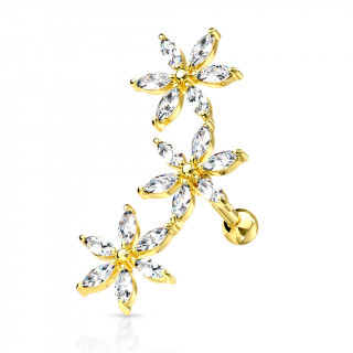 Piercing h�lix dor� arqu� � fleurs strass