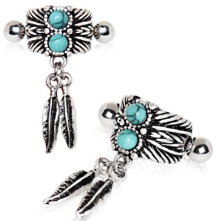 Piercing h�lix style indien � plumes et turquoises