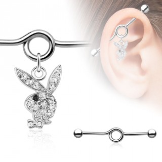 Piercing industriel � pendentif lapin Playboy pav� de strass