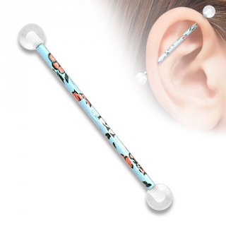 Piercing industriel � tige acier avec d�cor floral et boules en acryliques