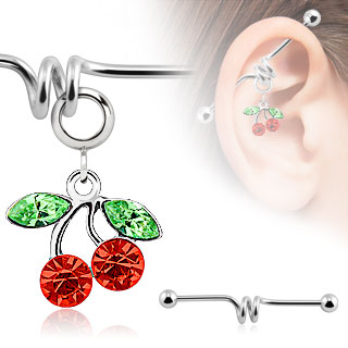 Piercing industriel avec pendentif � cerises et feuilles
