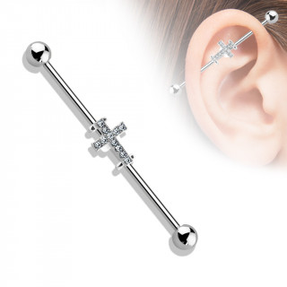 Piercing industriel � croix latine pav�e de cristaux
