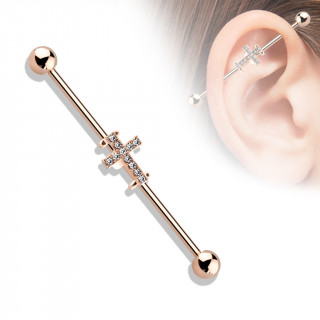 Piercing industriel cuivr� � croix latine pav�e de cristaux