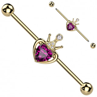 Piercing industriel dor� � coeur rose couronn�