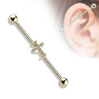 Piercing industriel dor� � croix latine pav�e de cristaux