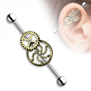 Piercing industriel en acier style steampunk � m�canisme en laiton vieilli