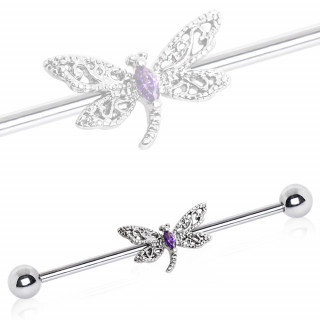 Piercing industriel � libellule argent�e et violette