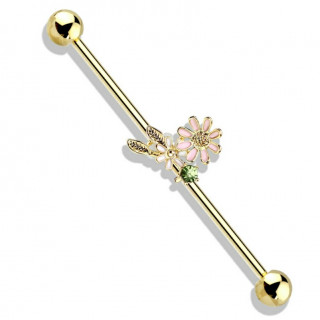 Piercing industriel plaqu� or � jardin fleuri fantaisie