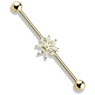 Piercing industriel plaqu� or jaune � fleur zirconiums en marquises