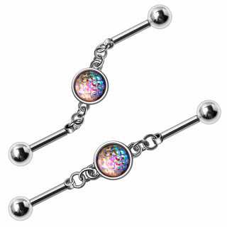 Piercing industriel segment� � cabochon arc en ciel enchain�e