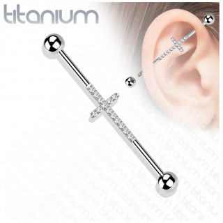 Piercing industriel Titane clair � croix de zirconiums