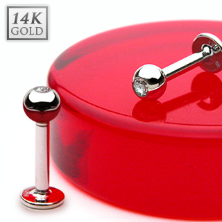 Piercing labret � boule en or blanc 14 carats serti d'un zirconium