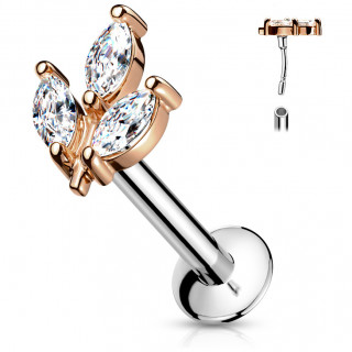 Piercing labret acier et cuivr� � 3 feuilles strass type "Push In"