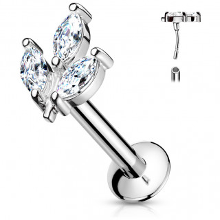 Piercing labret acier � 3 feuilles strass type "Push In"