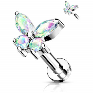 Piercing labret acier � papillon �tincelant (filetage interne) - Aurore Bor�ale