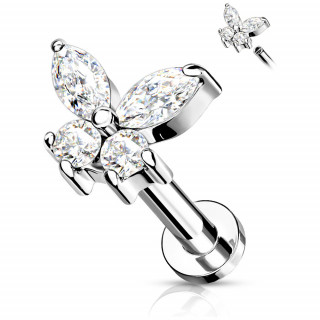 Piercing labret acier � papillon �tincelant (filetage interne) - Clair