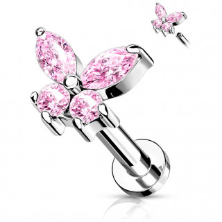 Piercing labret acier � papillon �tincelant (filetage interne) - Rose