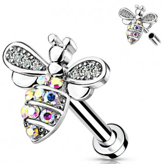 Piercing labret / cartilage � abeille strass - Argent�