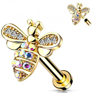 Piercing labret / cartilage � abeille strass - Plaqu� or jaune