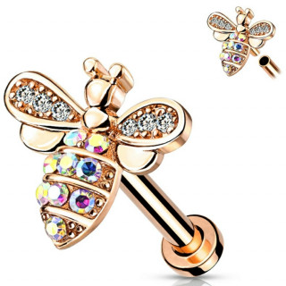 Piercing labret / cartilage � abeille strass - Plaqu� or rose