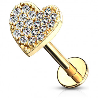 Piercing labret / cartilage coeur pav� de strass - Plaqu� or