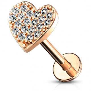 Piercing labret / cartilage coeur pav� de strass - Plaqu� or rose