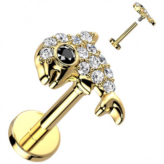Piercing labret dauphin pav� de strass - Dor� (tragus, h�lix, flat...)