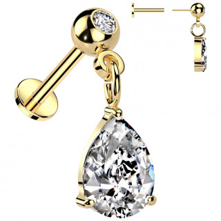 Piercing labret dor� � boule push-in sertie et goutte de zirconium (l�vre, tragus, h�lix...)