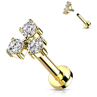 Piercing labret Dor� en acier � trio de strass (filetage interne)