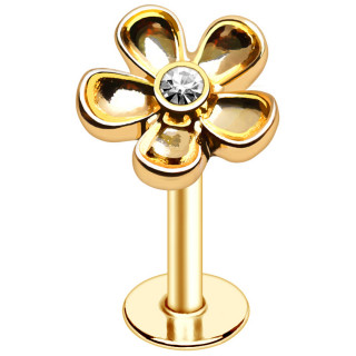 Piercing labret dor� petite fleur � pierre claire (l�vre, tragus, h�lix)