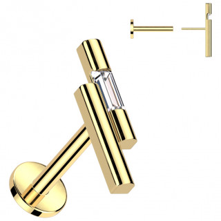 Piercing labret dor� push-in � barettes d�cal�es et rectangle de zirconium (l�vre, tragus, h�lix...)